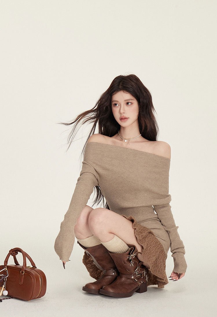 Chic model wearing a cozy Black Knitted Sweater Dress With Spliced Skirt styled with brown boots