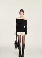 Black Knitted Sweater Dress With Spliced Skirt, featuring off-shoulder design and stylish look