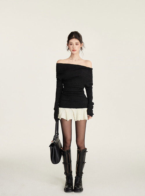 Black Knitted Sweater Dress With Spliced Skirt, featuring off-shoulder design and stylish look