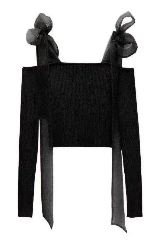 Stylish black strap blouse for women with elegant bow tie details on sleeves