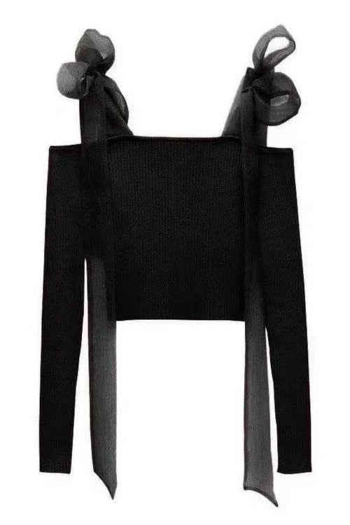 Stylish black strap blouse for women with elegant bow tie details on sleeves