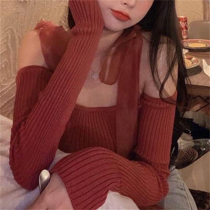 Stylish off-shoulder ribbed rust top with long sleeves, perfect for pairing with jeans or skirts
