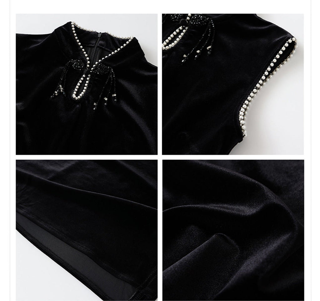 Elegant black velvet dress with beads highlighting a stylish neckline and fine detailing