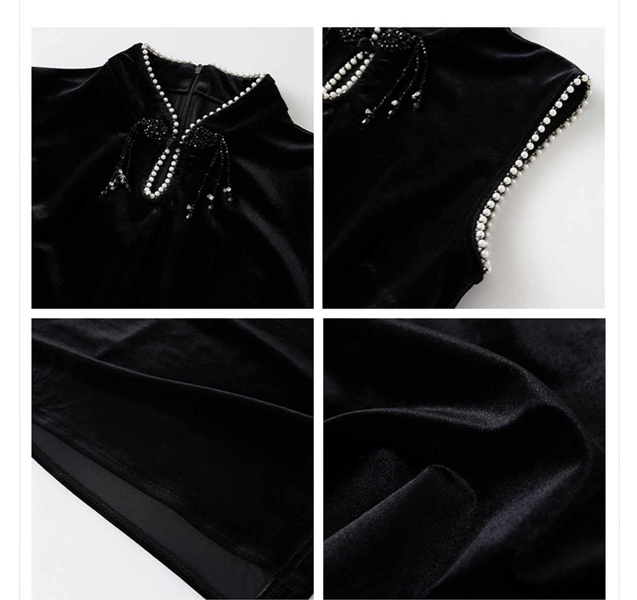 Elegant black velvet dress with beads highlighting a stylish neckline and fine detailing