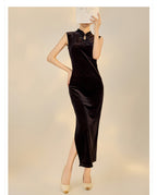 Elegant black velvet dress with beads featuring a sleek, form-fitting design and stylish keyhole neckline