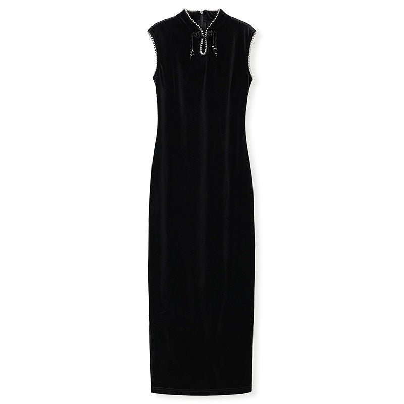 Elegant black velvet dress with beads and a stylish neck design for sophisticated occasions