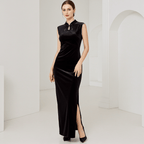 Elegant black velvet dress with beads, featuring a high neckline and side slit for a chic look