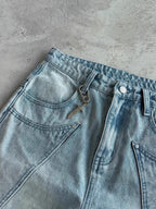 Close-up of AM Vision RO Bloom Drift Wide Leg Jeans featuring unique faded denim design