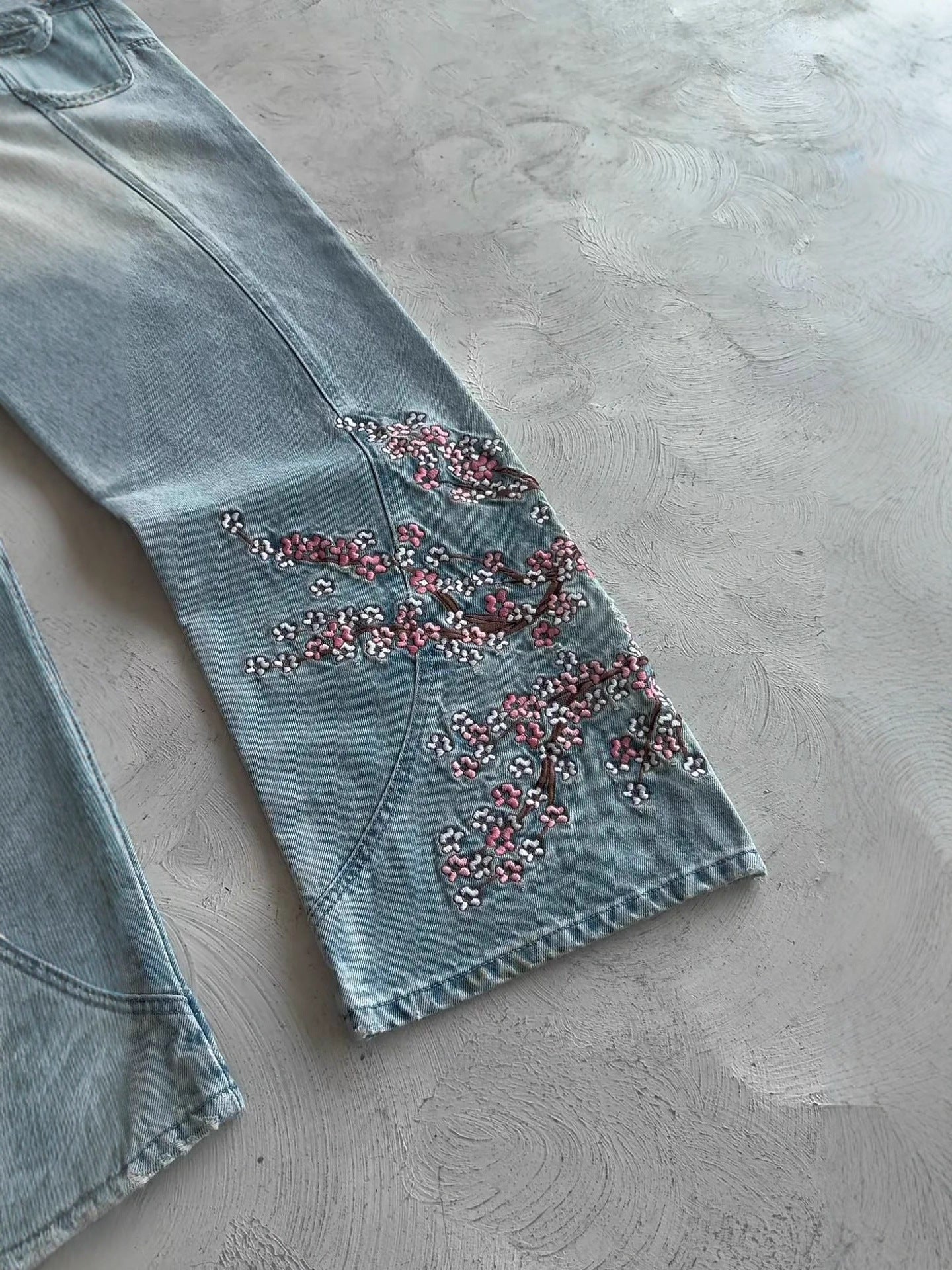 Bloom Drift Wide Leg Jeans with Floral Embroidery Detail on the Legs