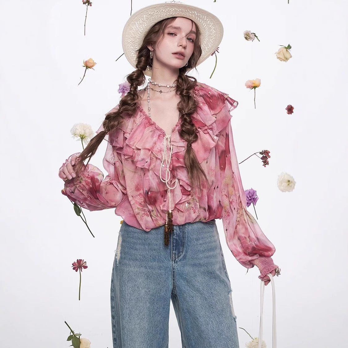 Blossom Whisper Ruffled Chiffon Blouse with Floral Design and Ruffle Details for a Stylish Look