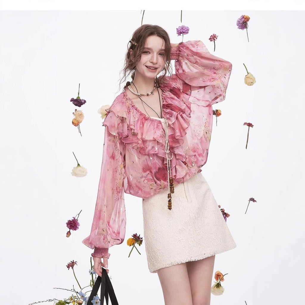 AM Vision RO Blossom Whisper Ruffled Chiffon Blouse in pink with floral design, perfect for stylish casual wear.