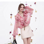 AM Vision RO Blossom Whisper Ruffled Chiffon Blouse in pink with floral design, perfect for stylish casual wear.