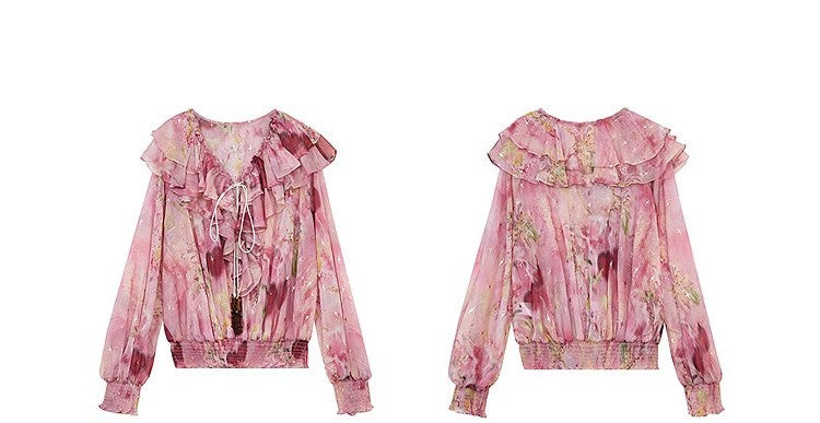Blossom Whisper Ruffled Chiffon Blouse in pink floral design with elegant ruffle detailing