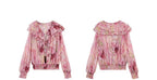 Blossom Whisper Ruffled Chiffon Blouse in pink floral design with elegant ruffle detailing