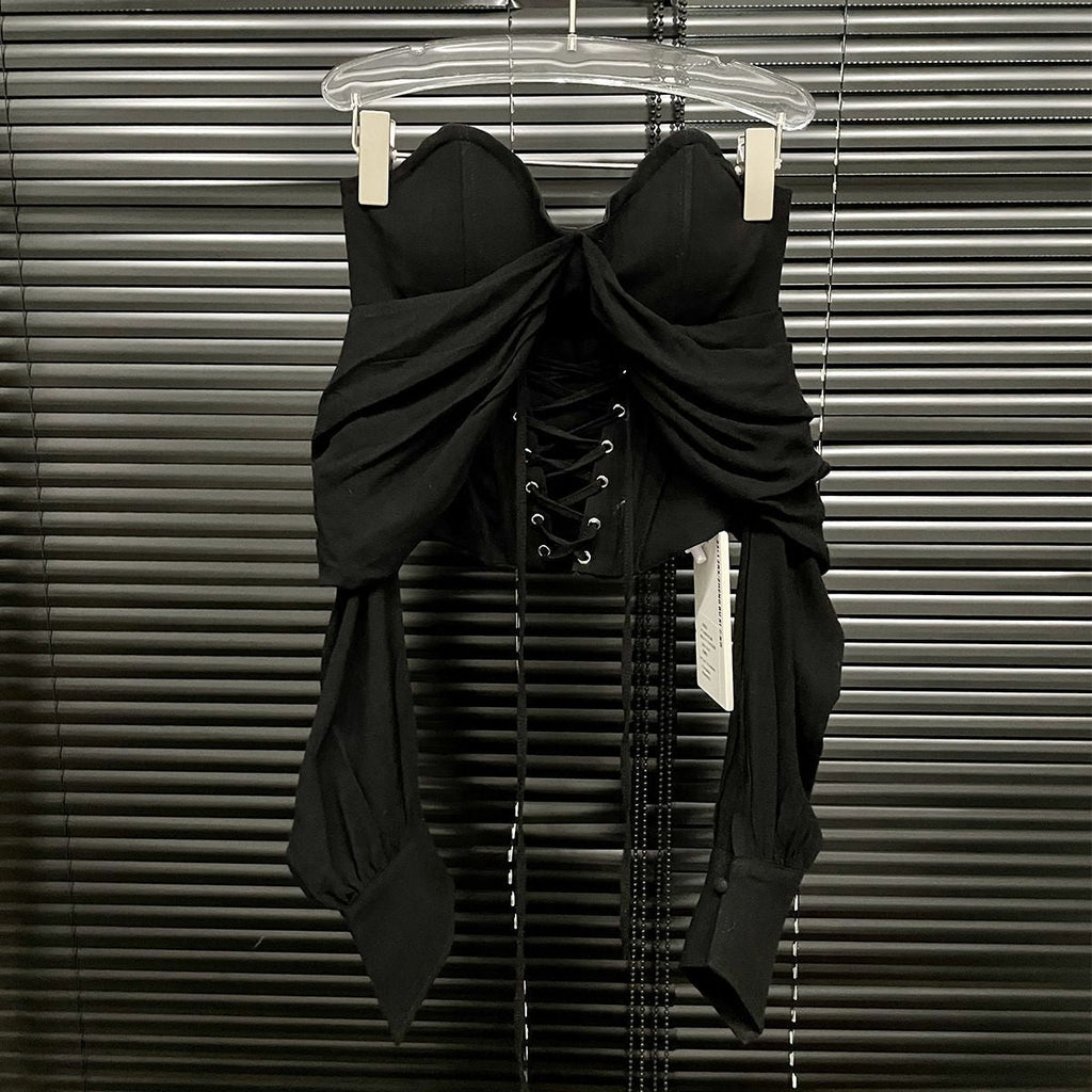 Elegant black Blouse with Corset and Bare Shoulders featuring ruched fabric and adjustable laces