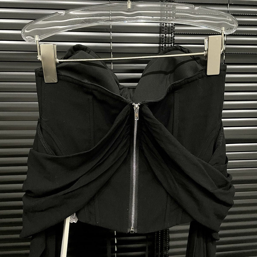 Black Blouse with Corset and Bare Shoulders showcasing structured design and stylish draping