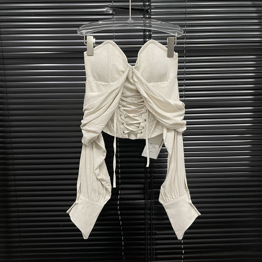 Elegant AM Vision RO Blouse with Corset and Bare Shoulders in Cream with Tie Detail