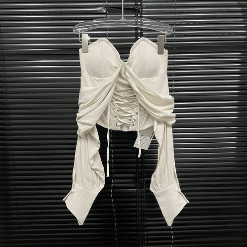 Elegant AM Vision RO Blouse with Corset and Bare Shoulders in Cream with Tie Detail