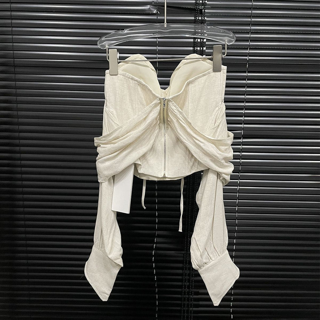 Elegant Blouse with Corset and Bare Shoulders showcasing unique draped design and long sleeves