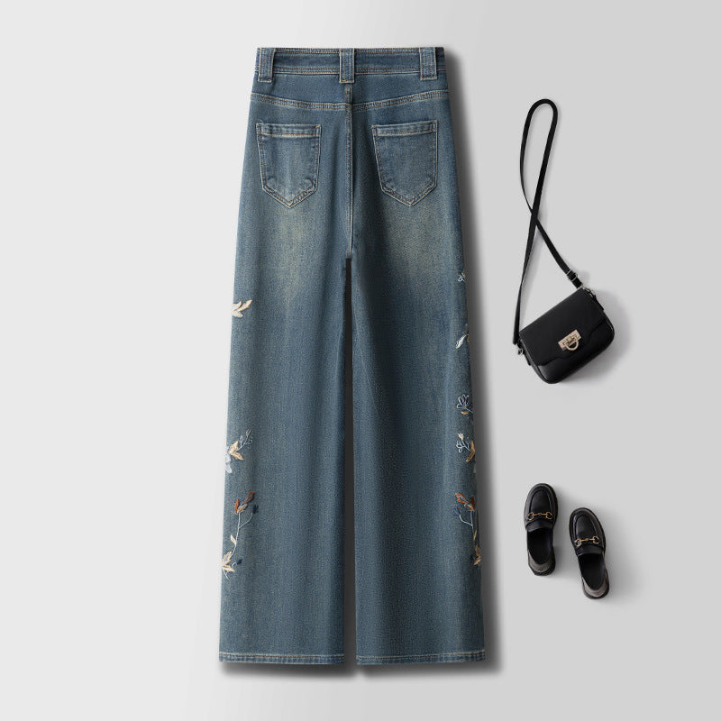 Blue Lotus Retro Embroidered Jeans with a Relaxed Fit and Floral Designs for a Stylish Look