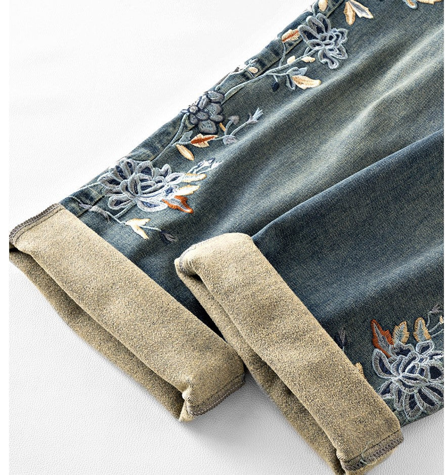 Blue Lotus Retro Embroidered Jeans featuring intricate floral designs along the cuffs