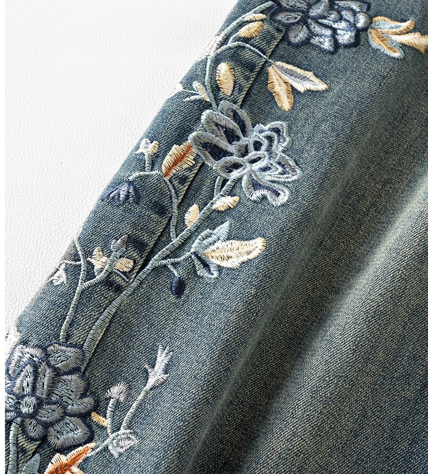 Blue Lotus Retro Embroidered Jeans featuring intricate floral embroidery on denim fabric