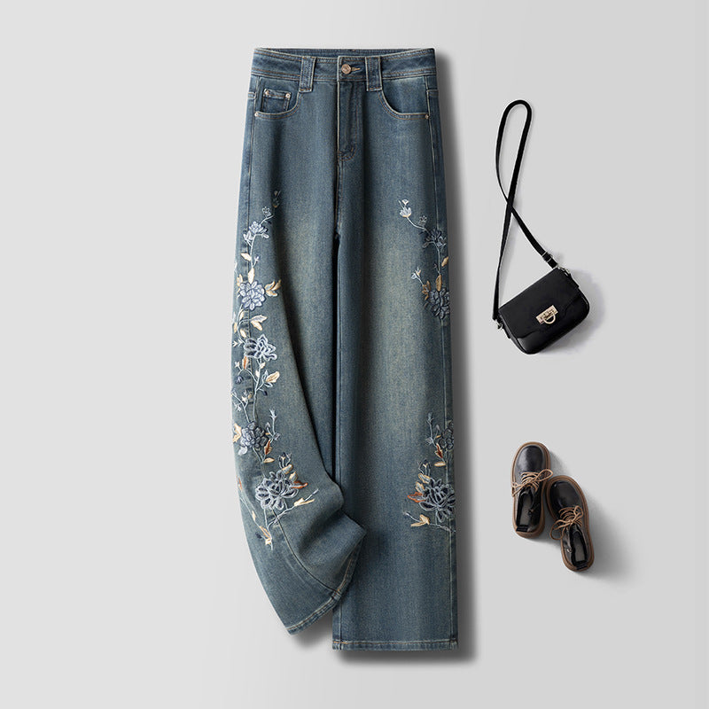 Blue Lotus Retro Embroidered Jeans in a relaxed fit with floral designs and denim fabric