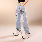 Blue Rebel Ripped Street Jeans with Distressed Details and Unique Graffiti Design