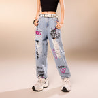 AM Vision RO Blue Rebel Ripped Street Jeans with Bold Graphic Artwork and Distressed Details