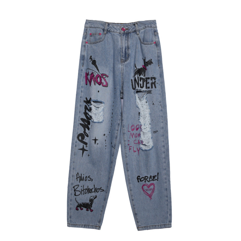 Blue Rebel Ripped Street Jeans with Graffiti Designs and Distressed Details for a Trendy Look