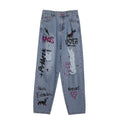 Blue Rebel Ripped Street Jeans with Graffiti Designs and Distressed Details for a Trendy Look