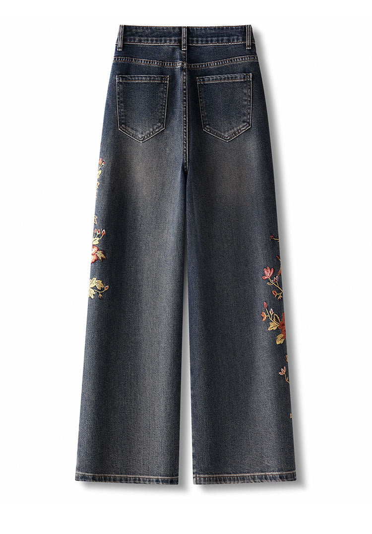 Back view of Blue Sakura Embroidered Wide Leg Jeans featuring floral embroidery on dark denim