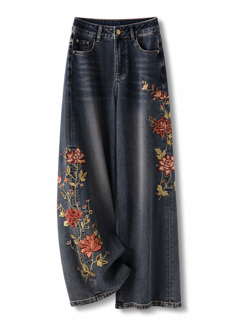Blue Sakura Embroidered Wide Leg Jeans featuring floral embroidery for a stylish look