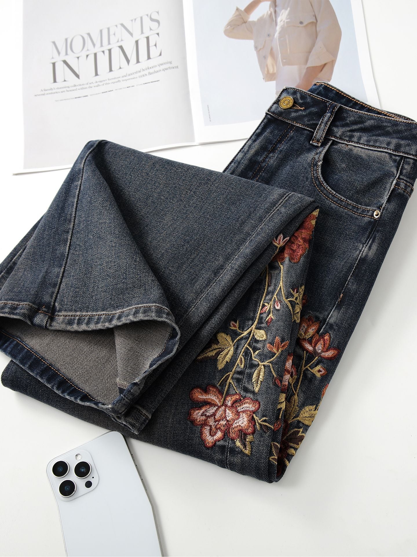 BLUE SAKURA JEANS パッチワークデニム　38 Blue Sakura Embroidered Wide Leg Jeans | AM Vision RO