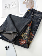 Blue Sakura Embroidered Wide Leg Jeans with floral design and rolled hem detail