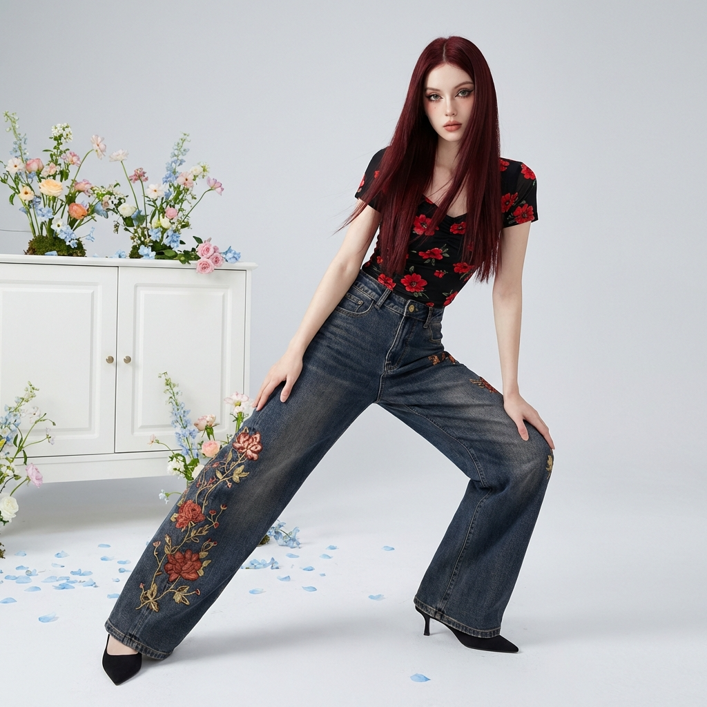 Model wearing Blue Sakura Embroidered Wide Leg Jeans with floral designs and a fitted top