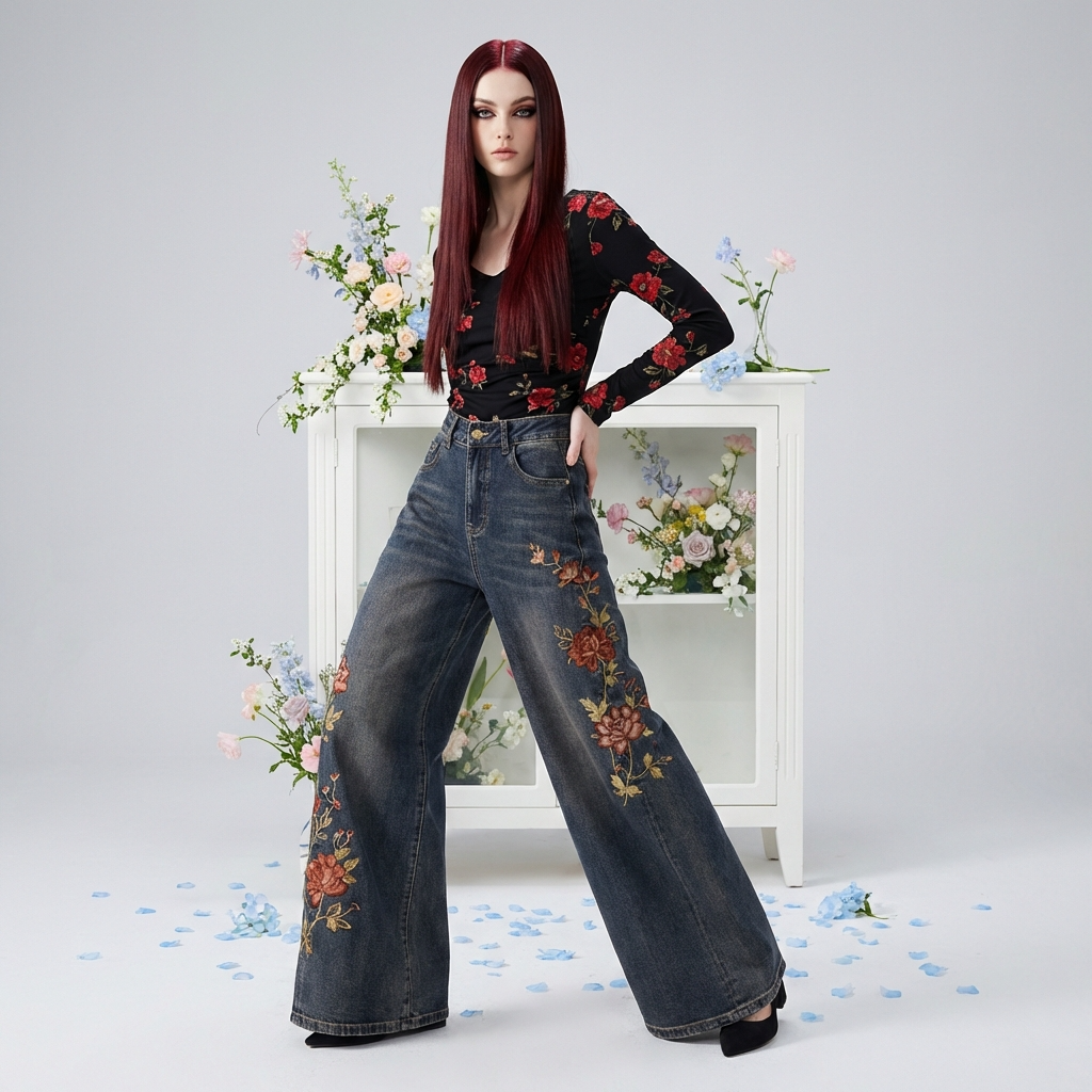 Blue Sakura Embroidered Wide Leg Jeans with floral designs and a chic high-waisted fit