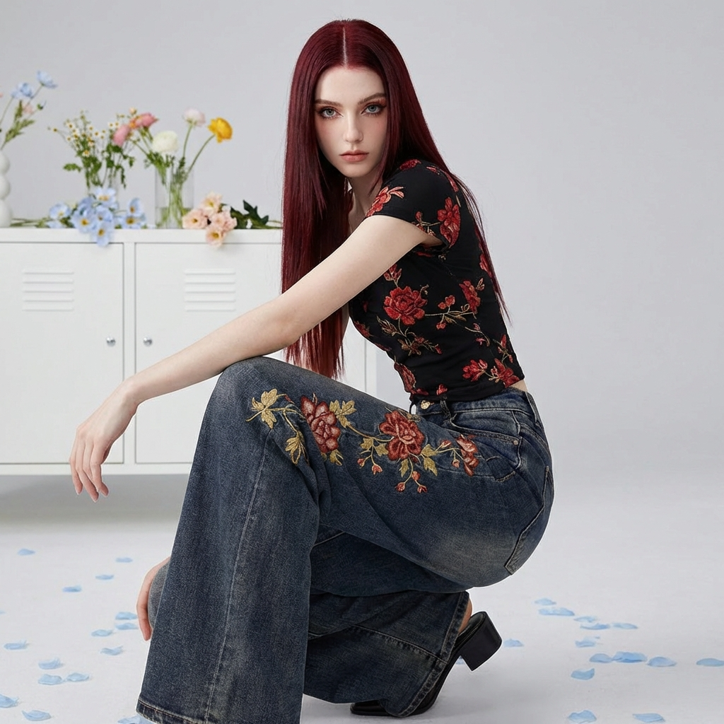 Blue Sakura Embroidered Wide Leg Jeans paired with a floral top for a trendy look