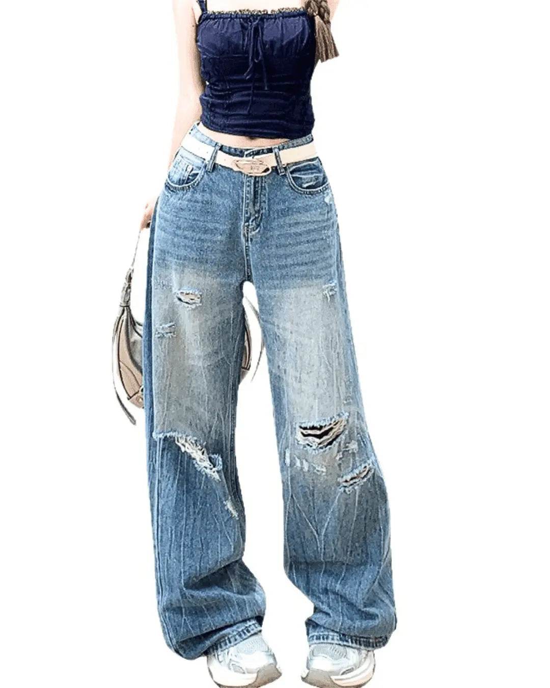 Blugi retro cu talie înaltă albaștri cu rupturi decorative și croială largă pentru un stil casual