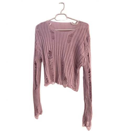 Bluza tricotata cu decupaje mov pe umeras cu design casual si croiala larga