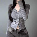casual grey knitted cardigan with buttons slim fit V-neck long sleeves for autumn layering