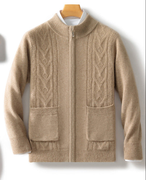 Beige Dual Pocket Zip Jacquard Wool Cardigan with Cable Knit Design for Warmth and Style