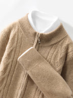 AM Vision RO Dual Pocket Zip Jacquard Wool Cardigan in a soft tan color with cable knit details