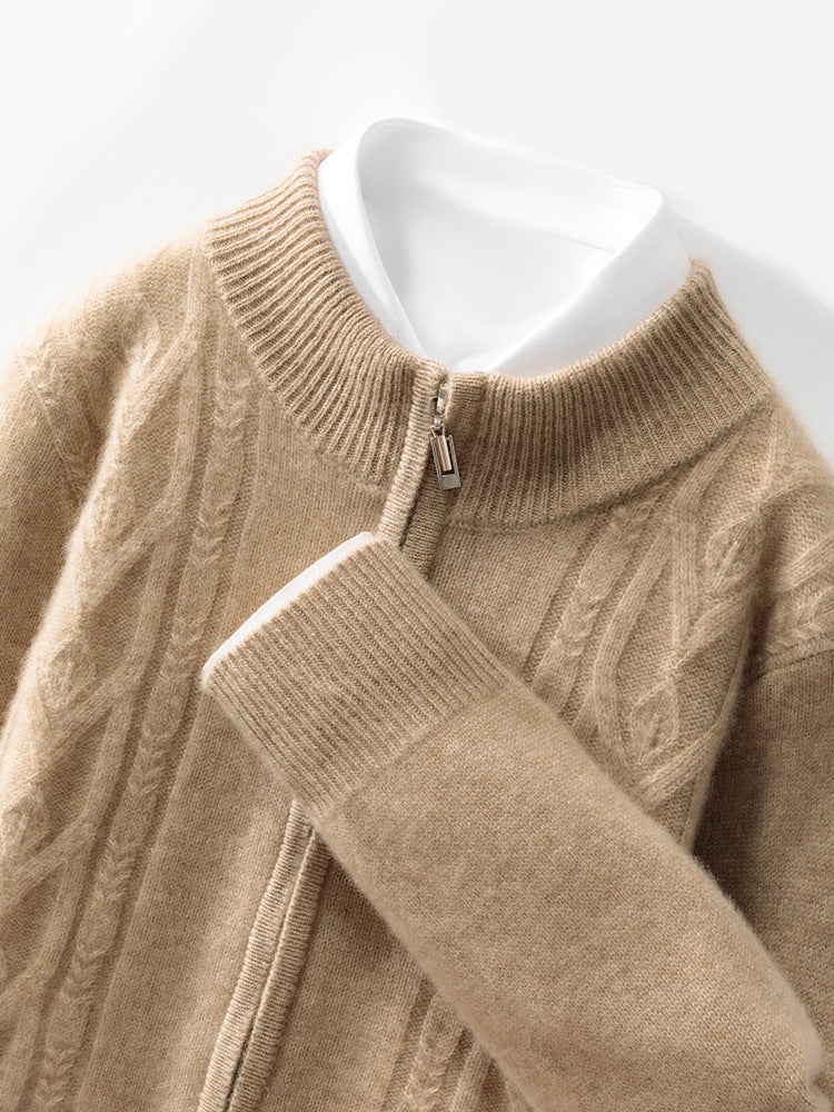 AM Vision RO Dual Pocket Zip Jacquard Wool Cardigan in a soft tan color with cable knit details