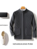 Dual Pocket Zip Jacquard Wool Cardigan in gray with textured design and pockets for men