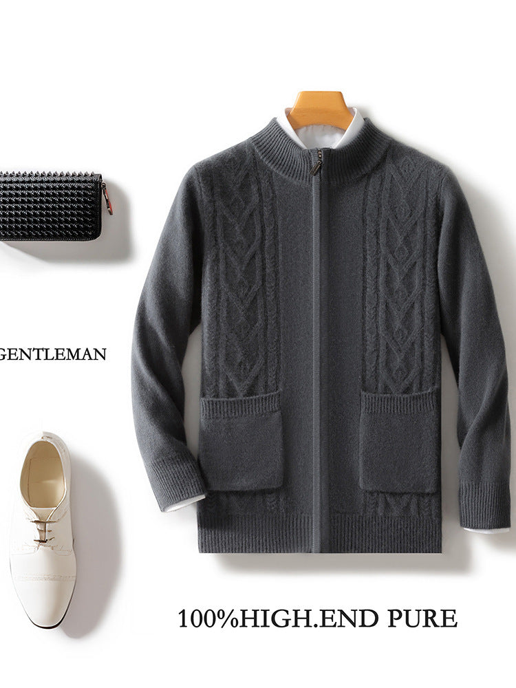 Dual Pocket Zip Jacquard Wool Cardigan in gray with textured design and pockets for men