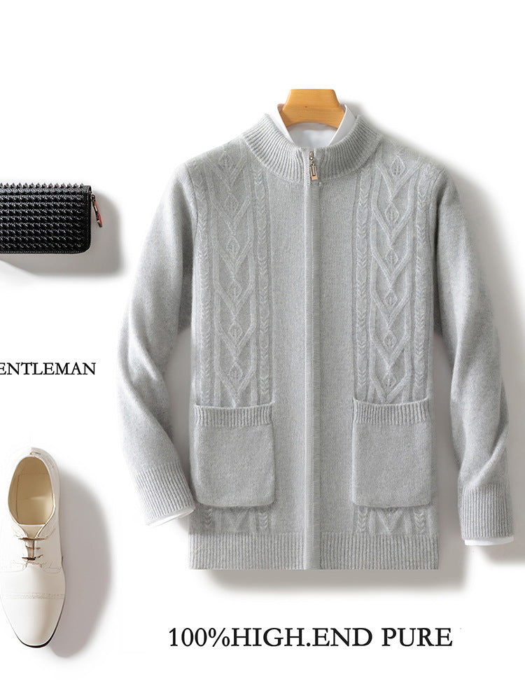 AM Vision RO Dual Pocket Zip Jacquard Wool Cardigan in Light Gray with Cable Knit Design