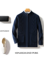 Dual Pocket Zip Jacquard Wool Cardigan in navy with textured design and functional pockets
