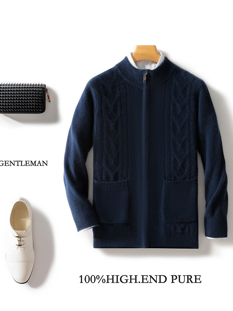 Dual Pocket Zip Jacquard Wool Cardigan in navy with textured design and functional pockets
