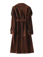 British Double-Breasted Goat Suede Coat with Belt in rich brown color showcasing a stylish design and quality craftsmanship